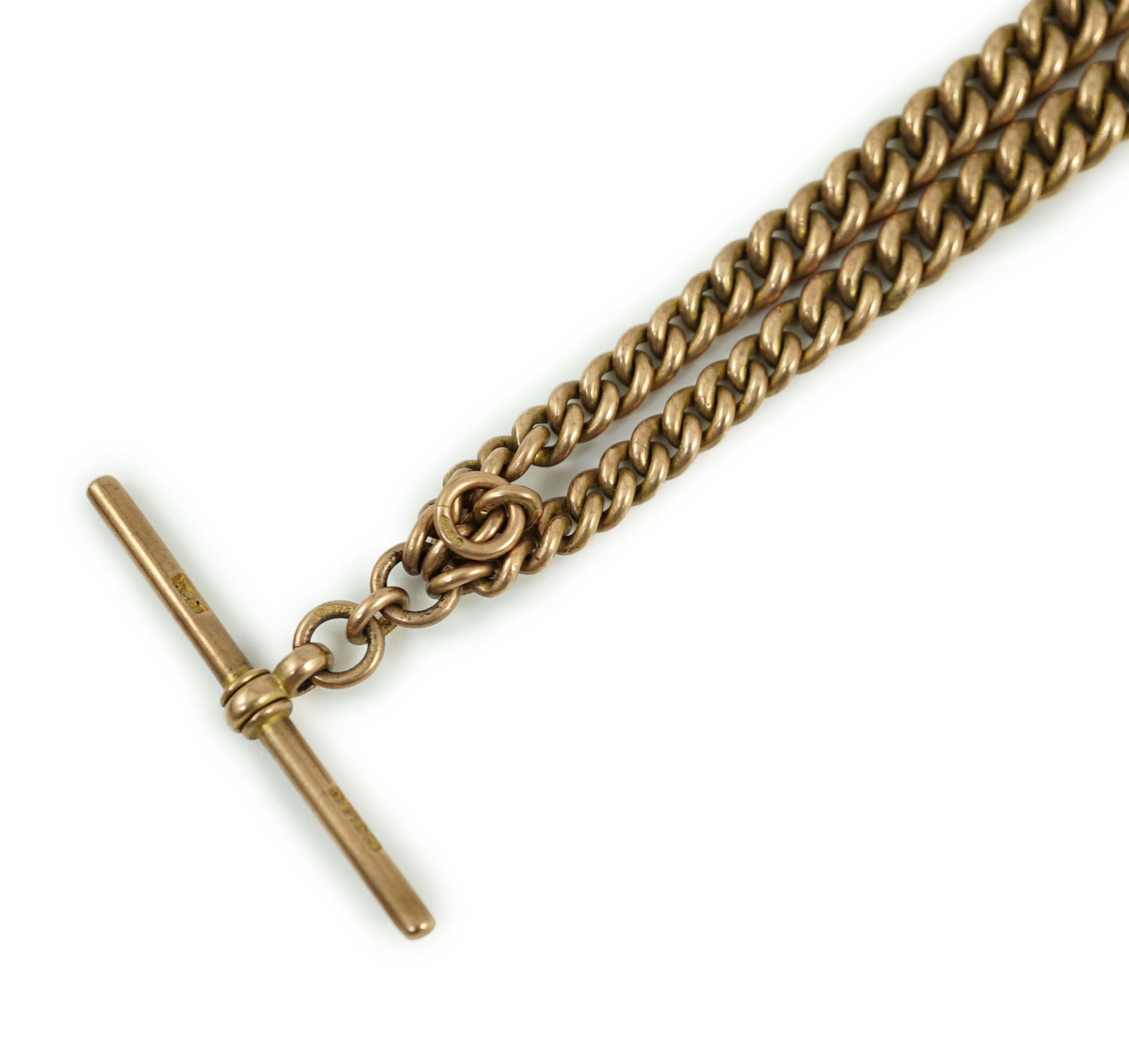 An early 20th century graduated 9ct gold curb link albert, 36cm, 39.7 grams.